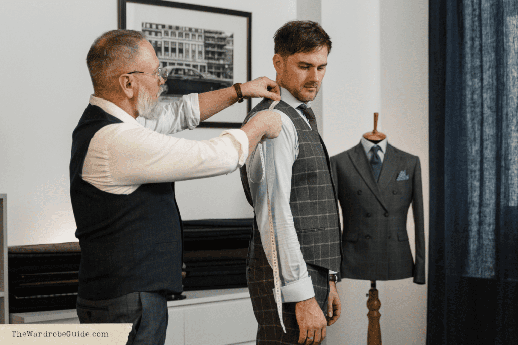 A tailor measuring a man for a fitting