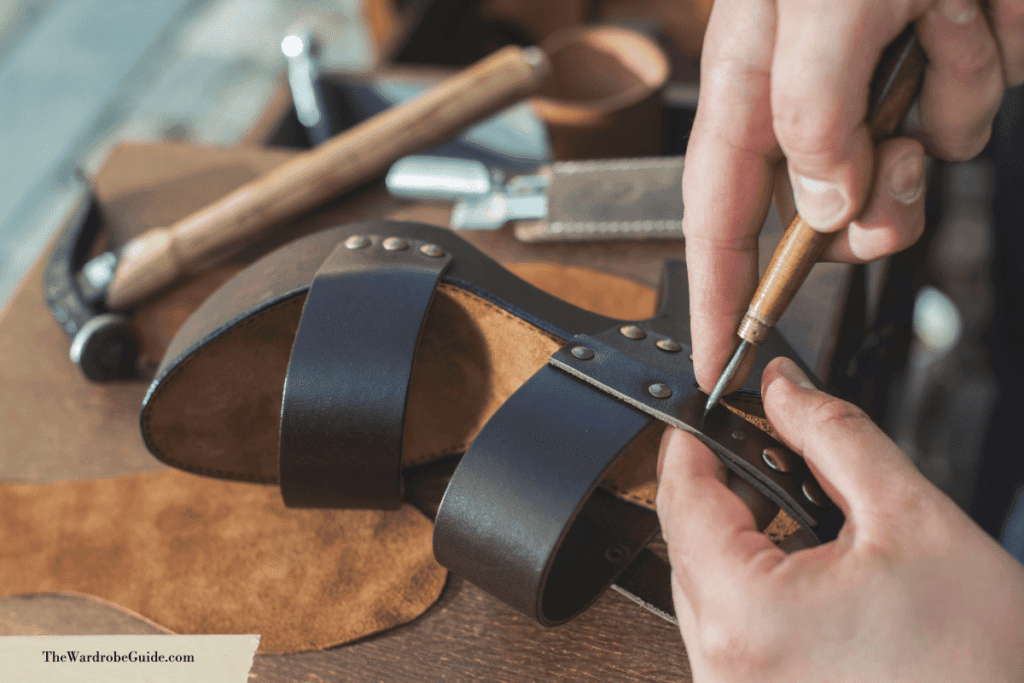 local cobbler making changes to the strap of a shoe